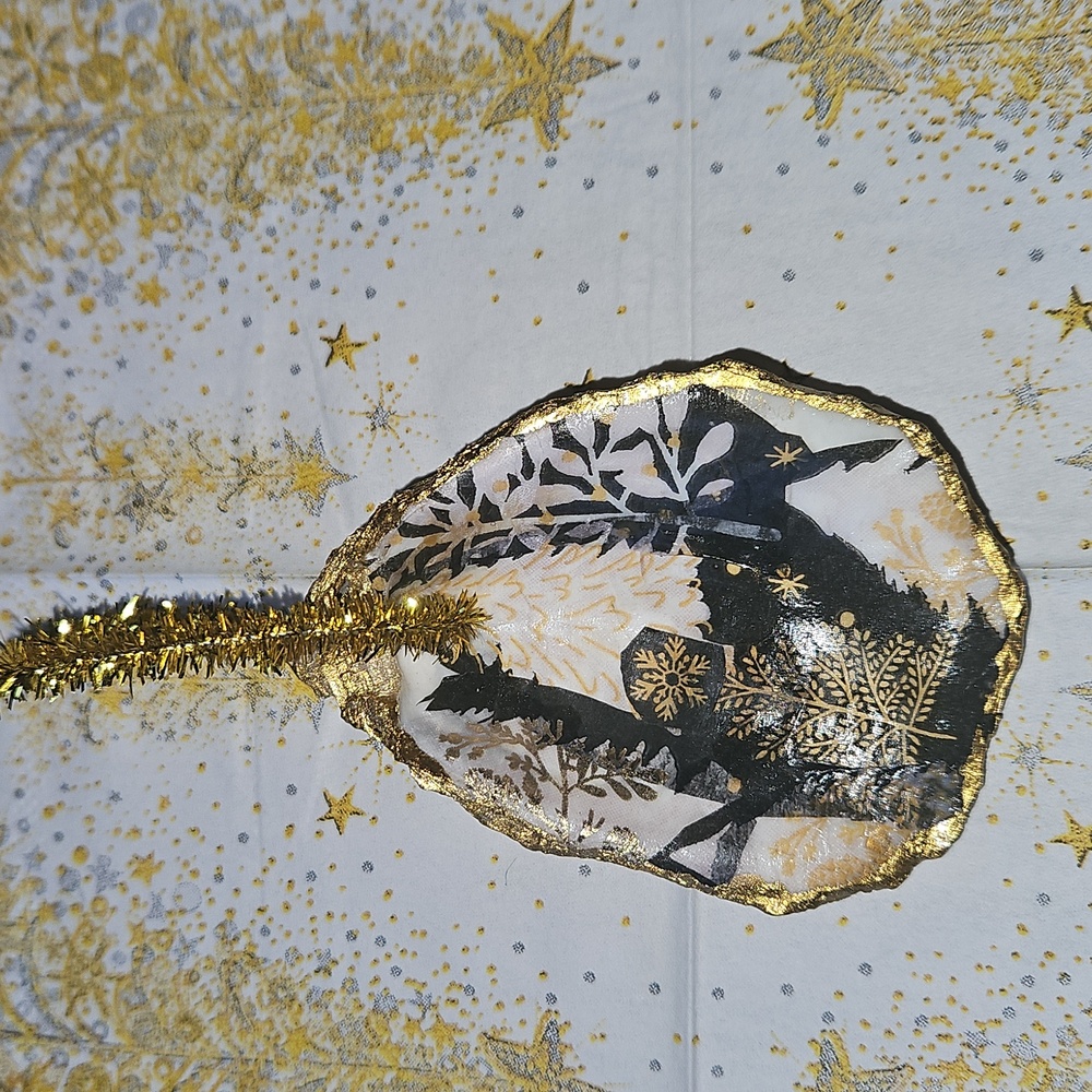 Handmade Oyster Shell Ornament with decopaged Tree Design.